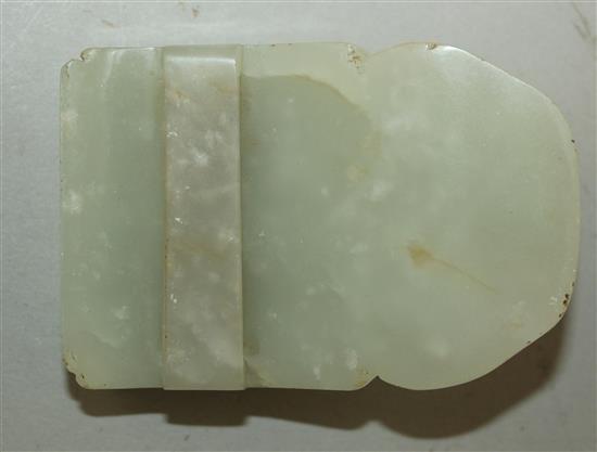 A Chinese pale celadon jade belt buckle section and a similar page turner, late 19th century, 28.5cm, broken with an old silver repair